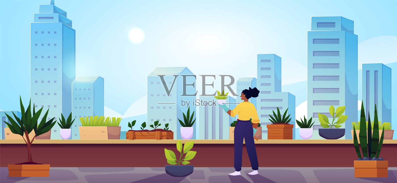 年轻女孩在俯瞰摩天大楼的屋顶花园中照料植物的矢量场景。插画图片素材