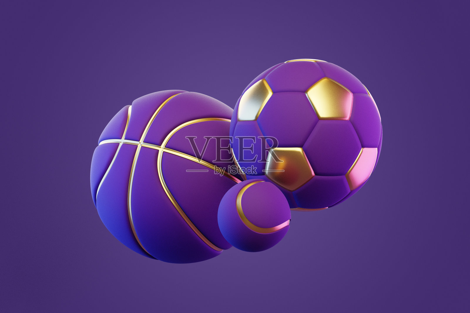 紫色和金色运动球三重奏。3D渲染插图照片摄影图片