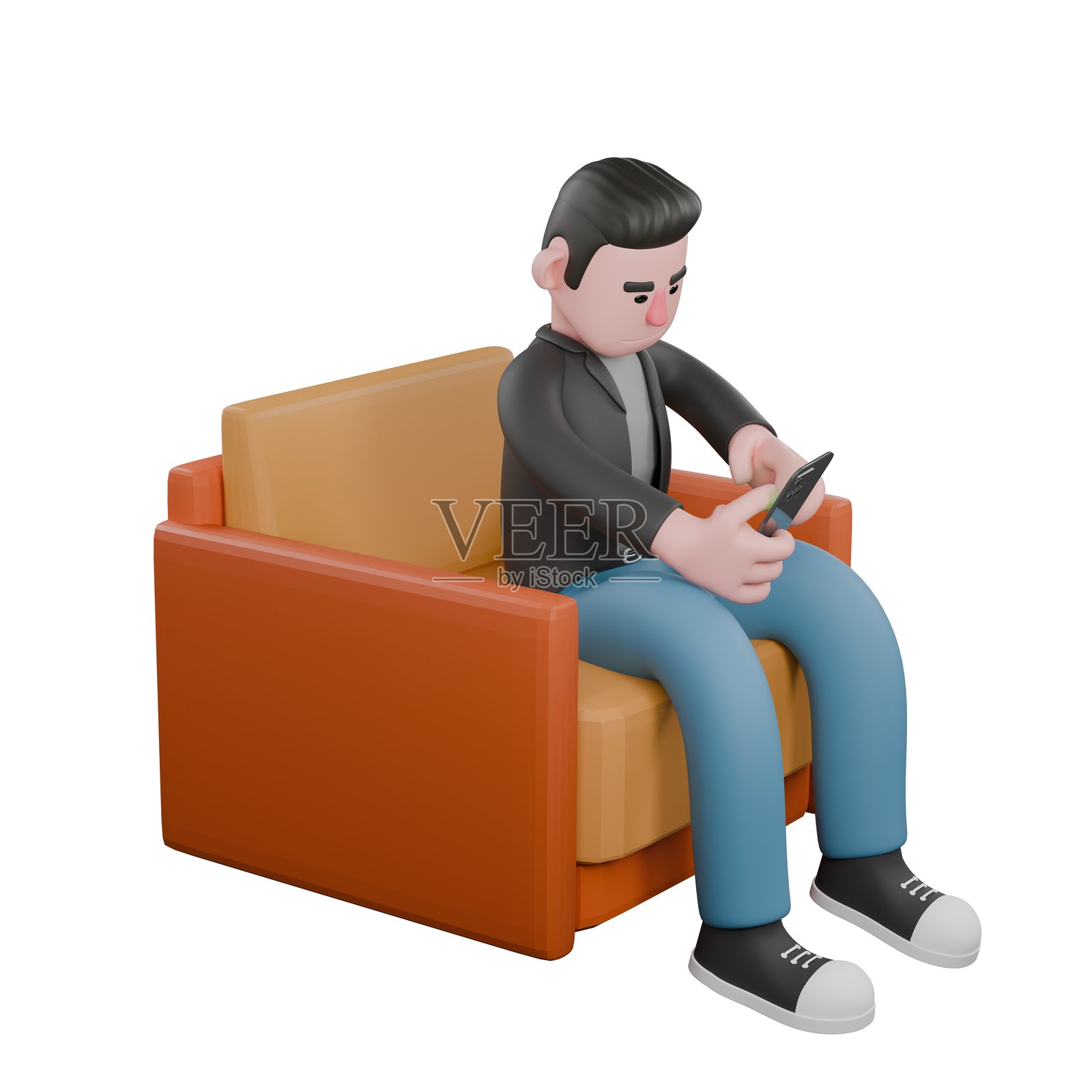 创意3D模型。一位男性编剧坐在沙发上，双手玩弄着手中的手机，神情专注。编剧角色照片摄影图片