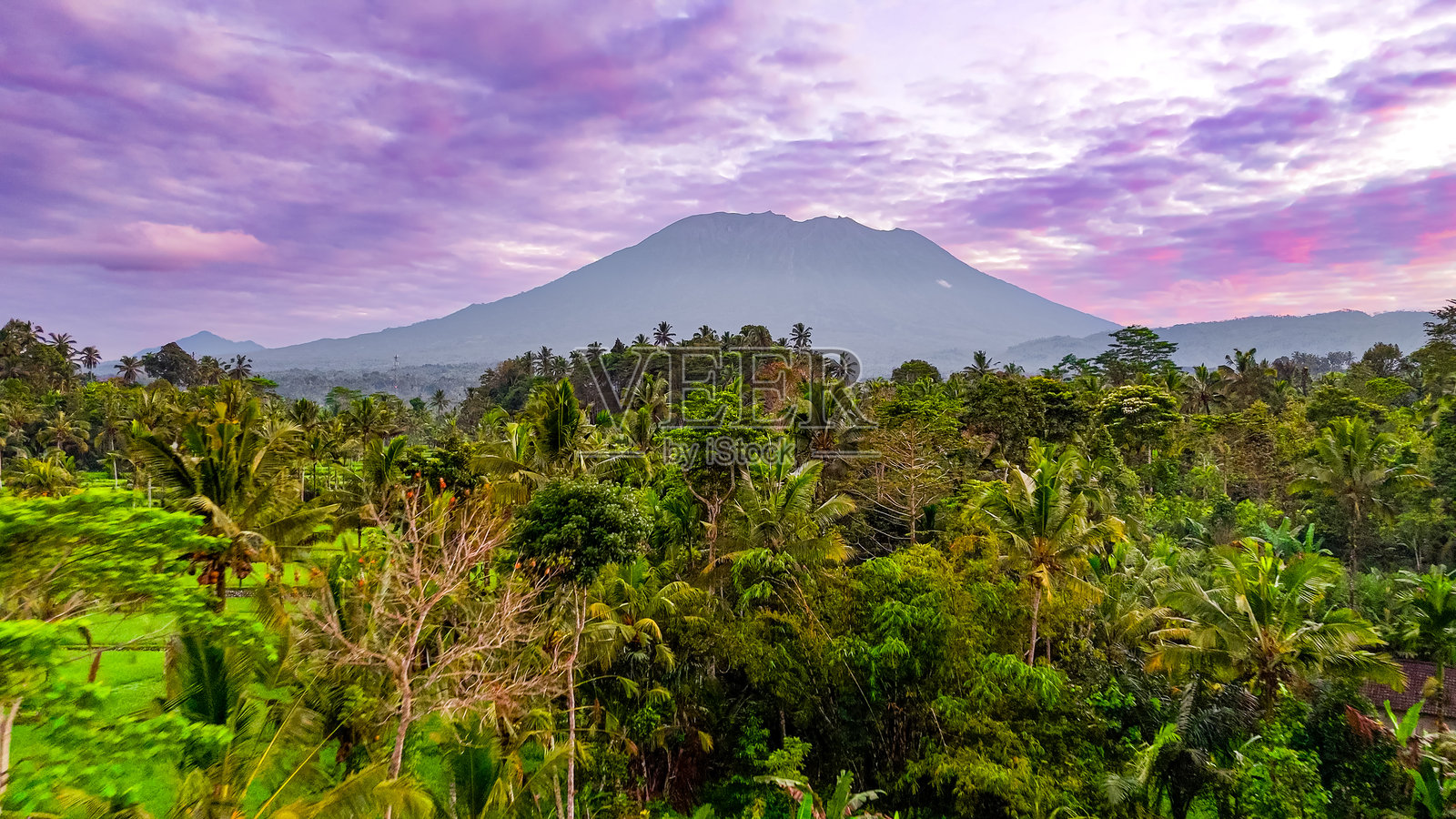 日出时分的阿贡山鸟瞰，阿贡火山与稻田的美丽景色，西德门谷的梯田鸟瞰。照片摄影图片