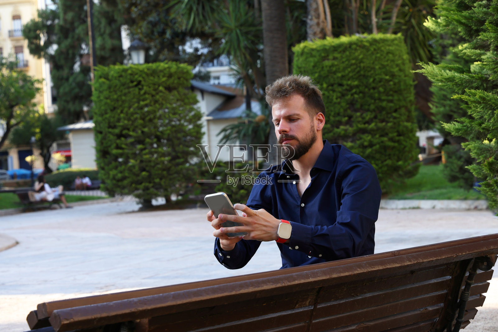 在公园里用手机查看财务状况照片摄影图片