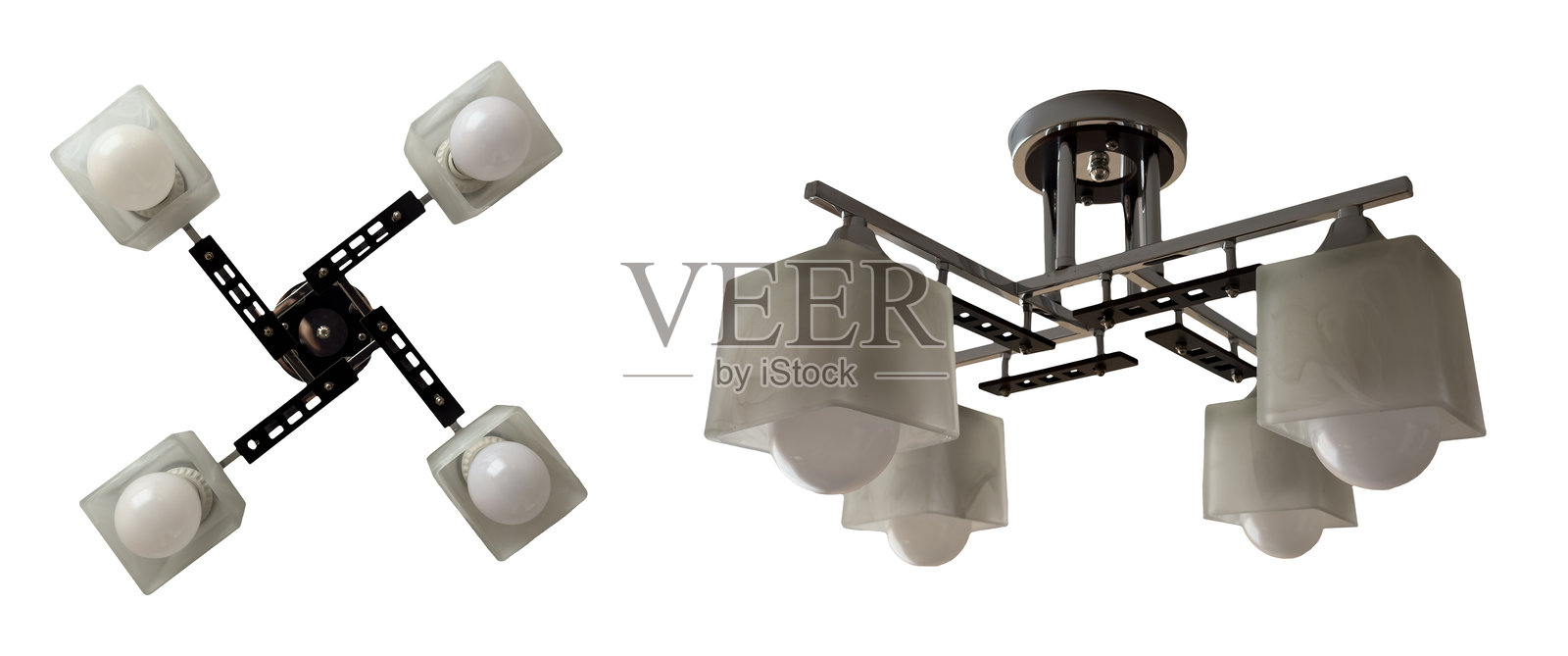 一组两个天花板灯的顶部和侧面视图，孤立在白色背景上。照片摄影图片