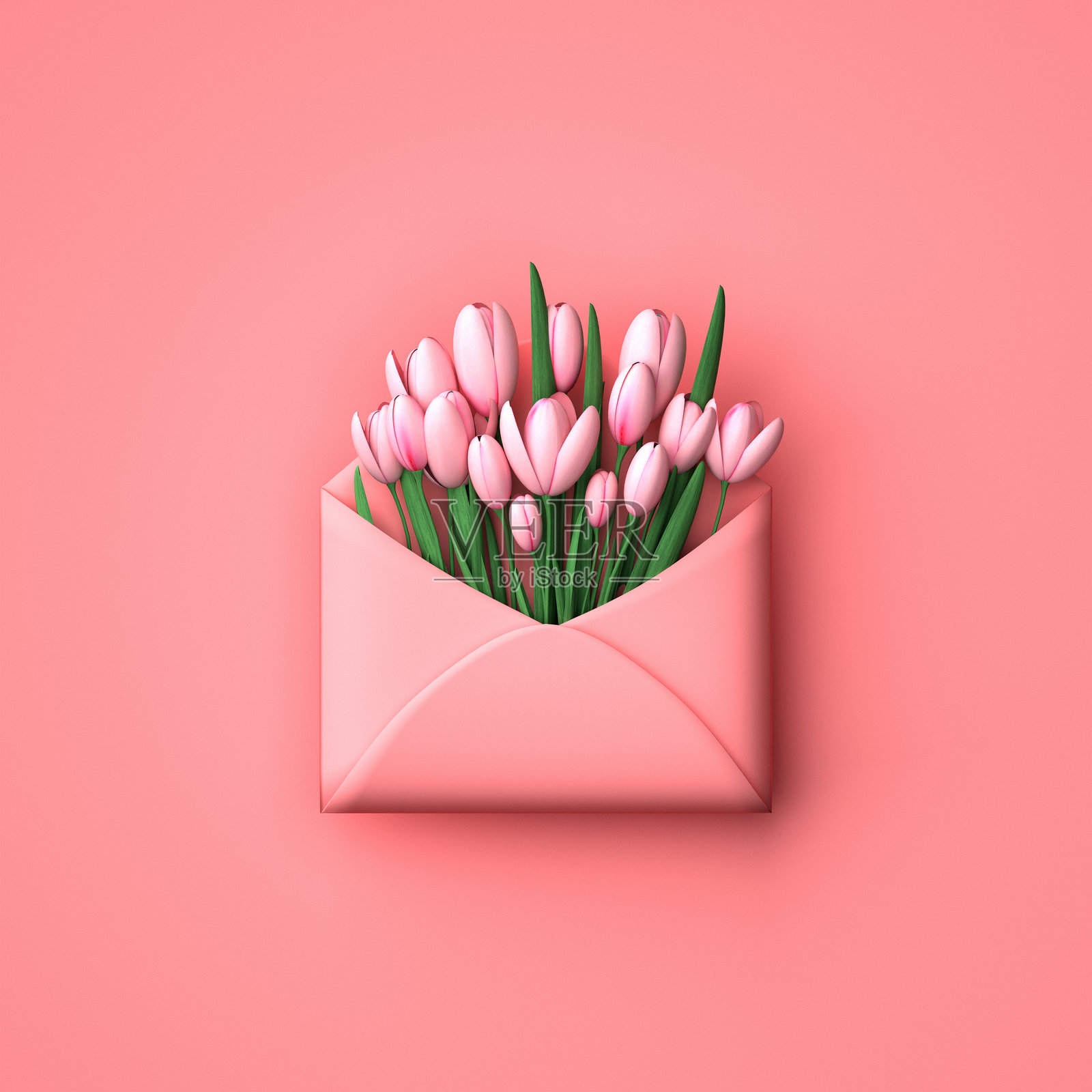 母亲节插图，郁金香装入信封。3D渲染。照片摄影图片