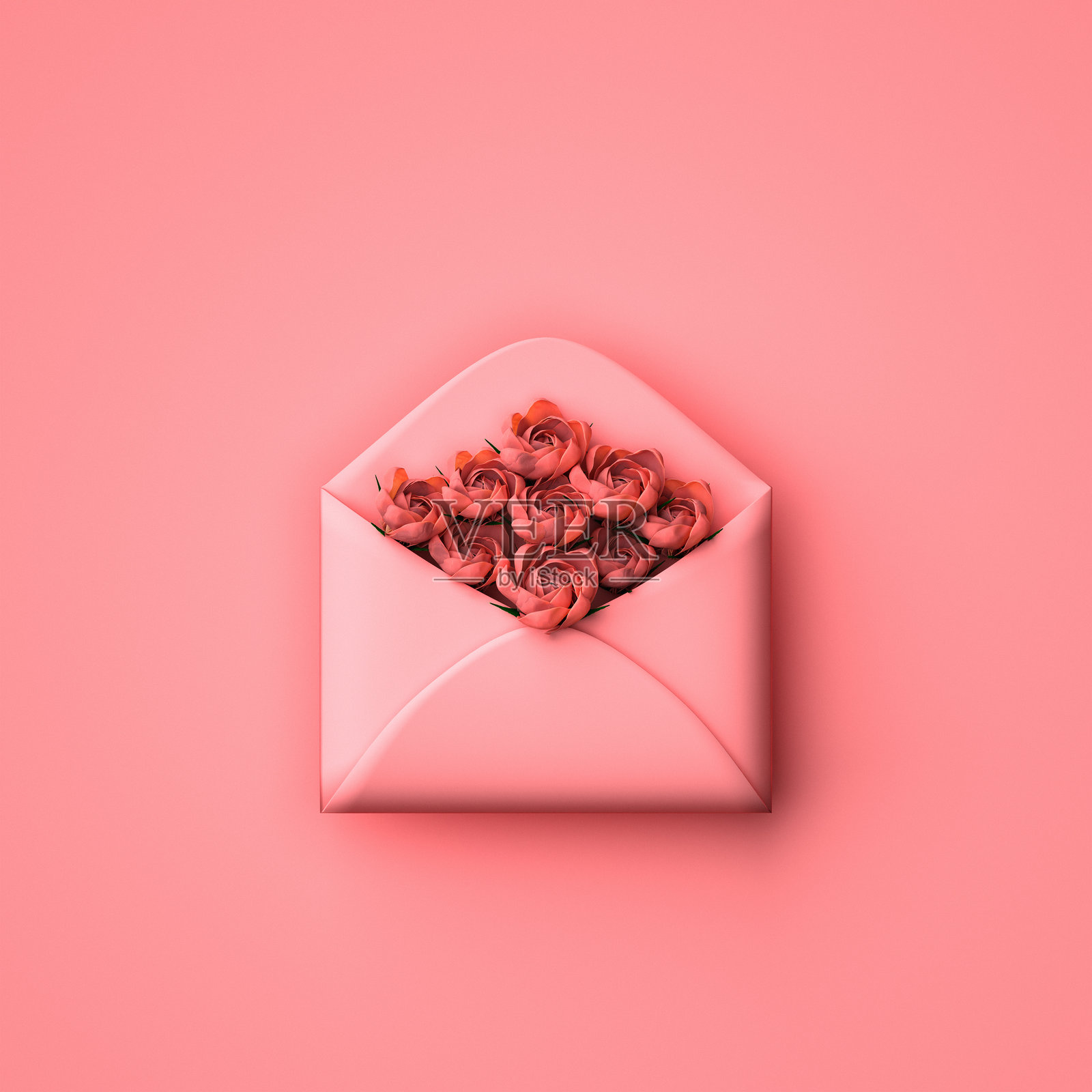母亲节插图，玫瑰花放入信封。3D渲染。照片摄影图片