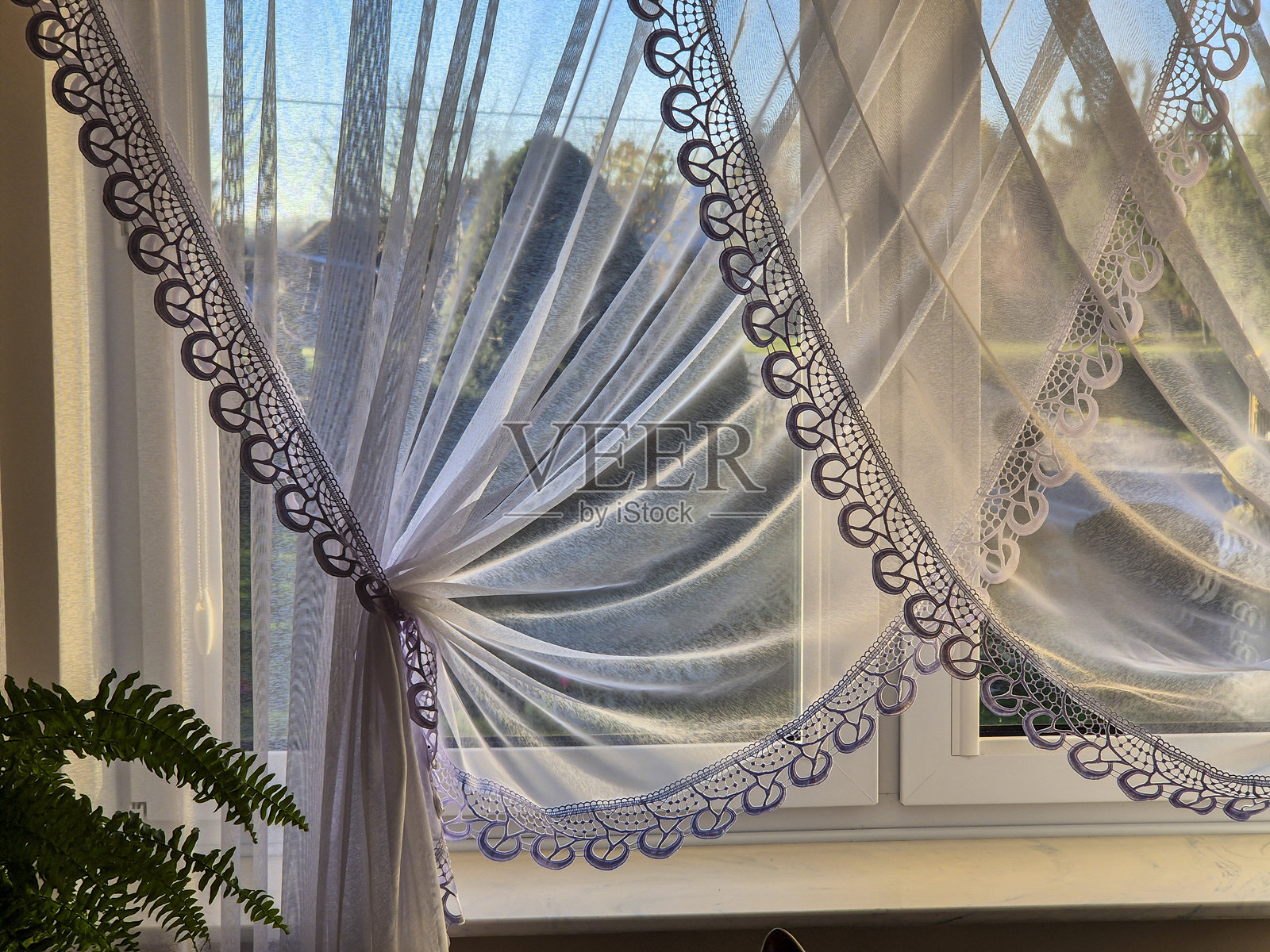 透过轻薄窗帘的美丽景色，温柔的阳光洒入，营造出温馨环境中的宁静氛围。照片摄影图片