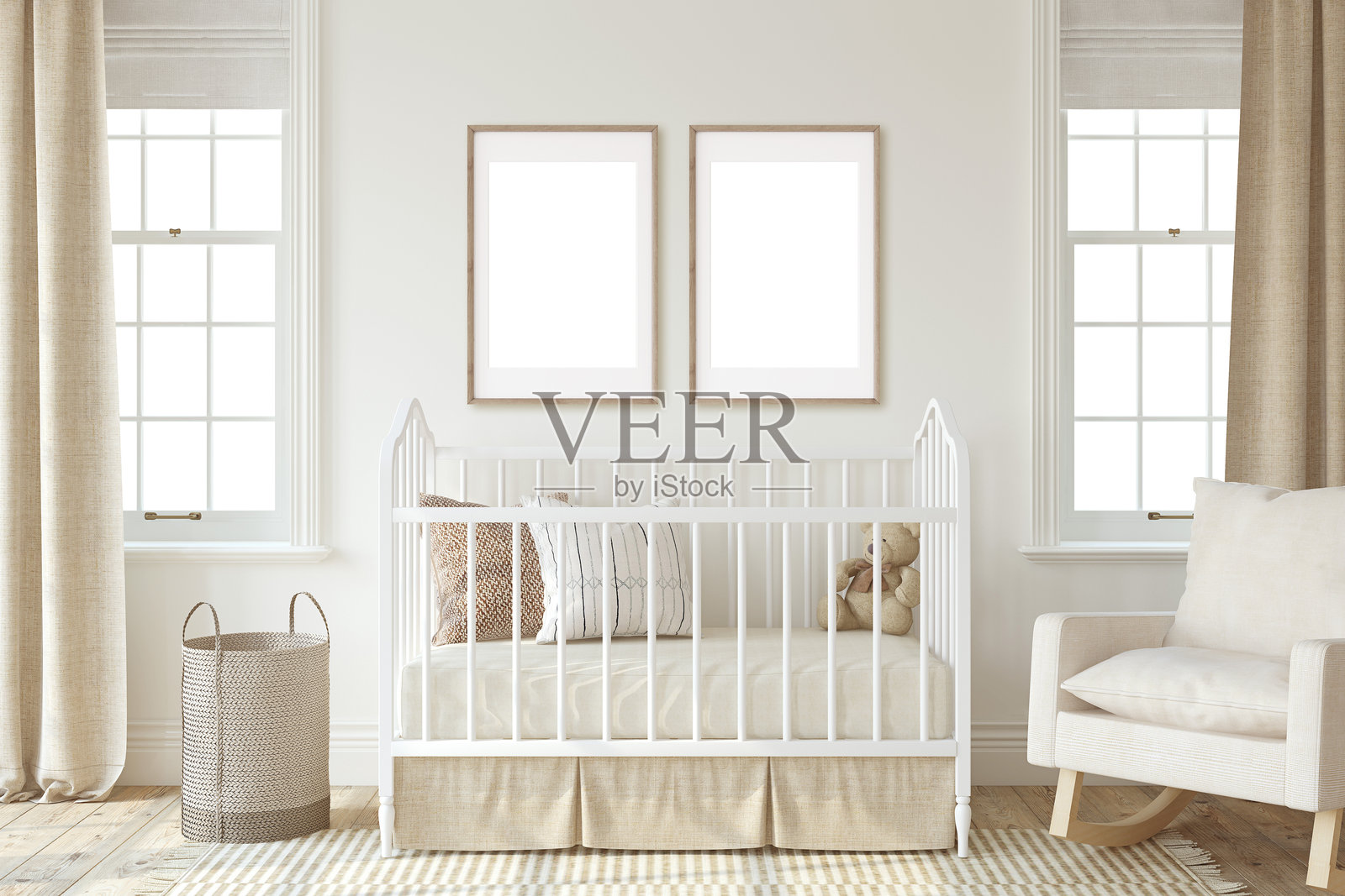 浪漫风格的幼儿园室内设计。海报样式。3D渲染。照片摄影图片