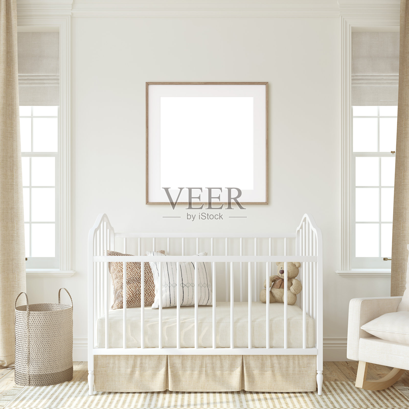 浪漫风格的幼儿园室内设计。海报模型。3D渲染。照片摄影图片