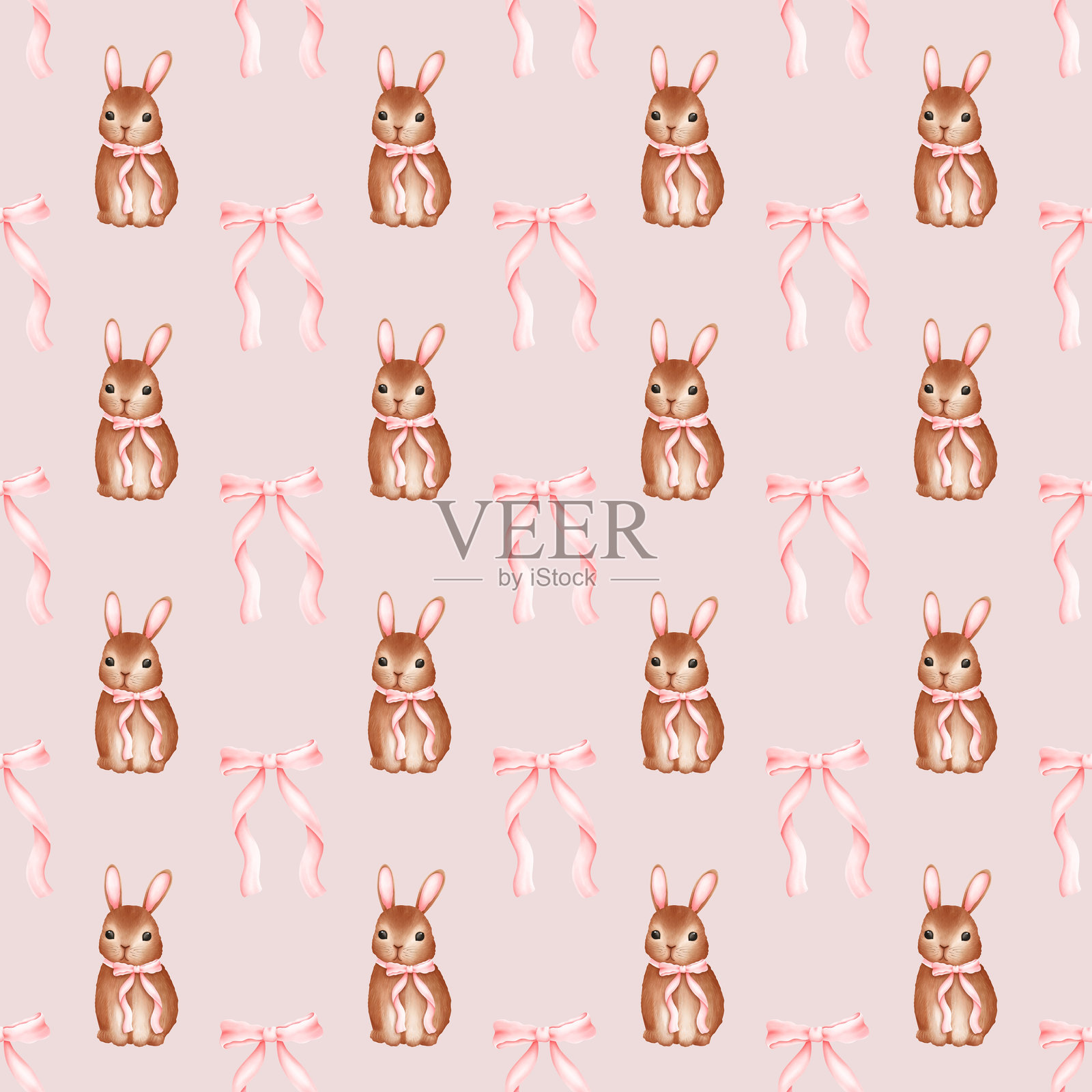 无缝复活节图案，包含可爱的兔子和蝴蝶结。适用于壁纸、礼品包装纸。理想用于面料、剪贴簿、横幅、卡片和包装纸。插画图片素材