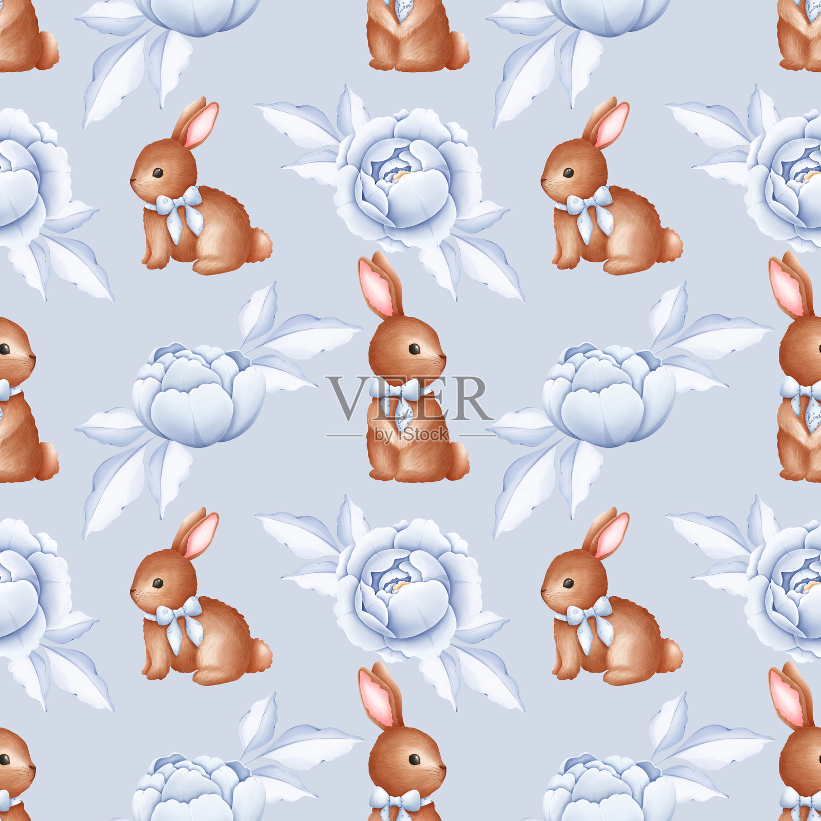 兔子与花卉无缝图案，兔子蝴蝶结数字下载，兔子与牡丹。可爱的兔子重复图案，剪贴簿纸，婴儿洗礼，生日兔子。插画图片素材