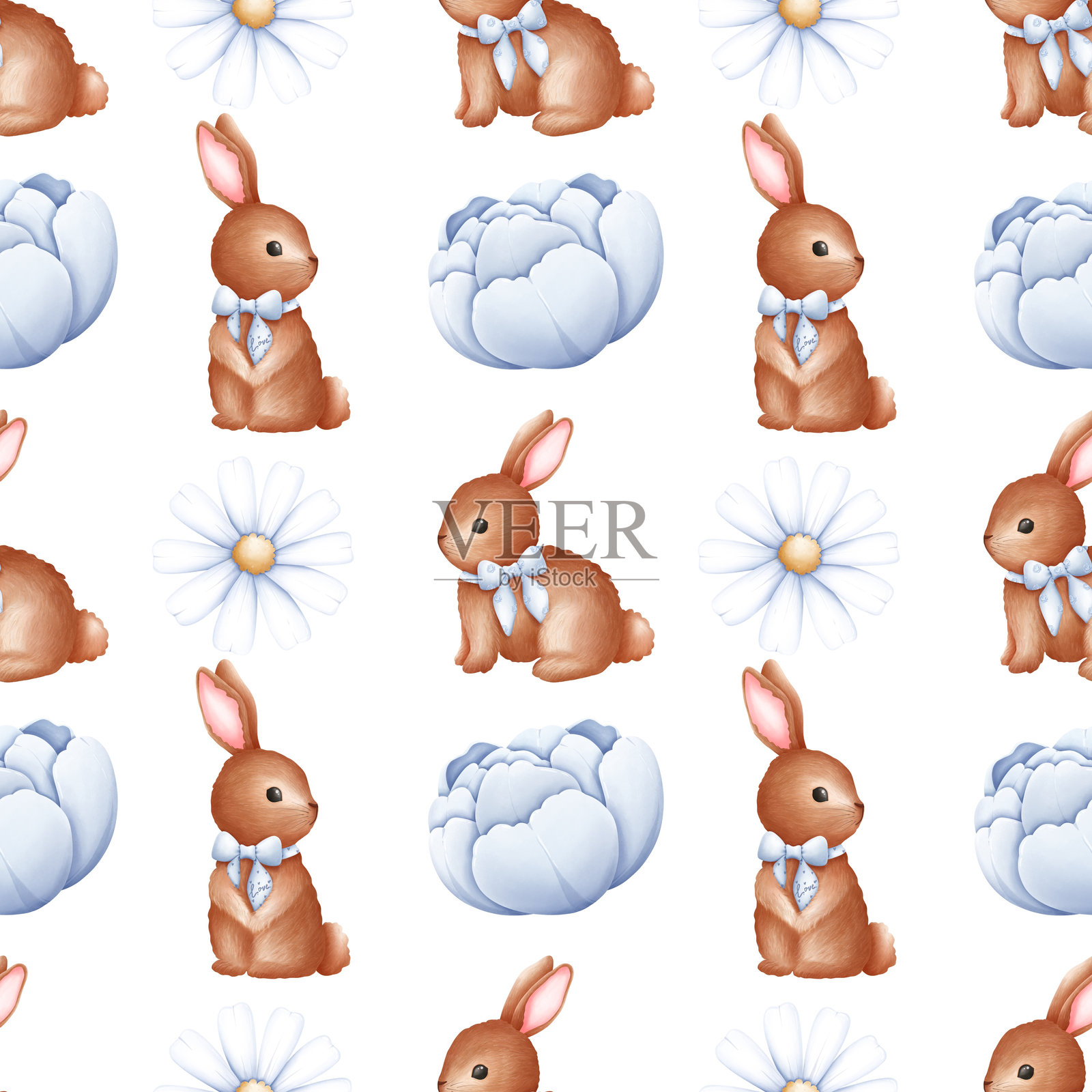 兔子与花卉无缝图案，兔子蝴蝶结数字下载，花朵洋甘菊，兔子与牡丹。可爱的兔子重复图案，剪贴簿纸，婴儿洗礼，生日兔子。插画图片素材