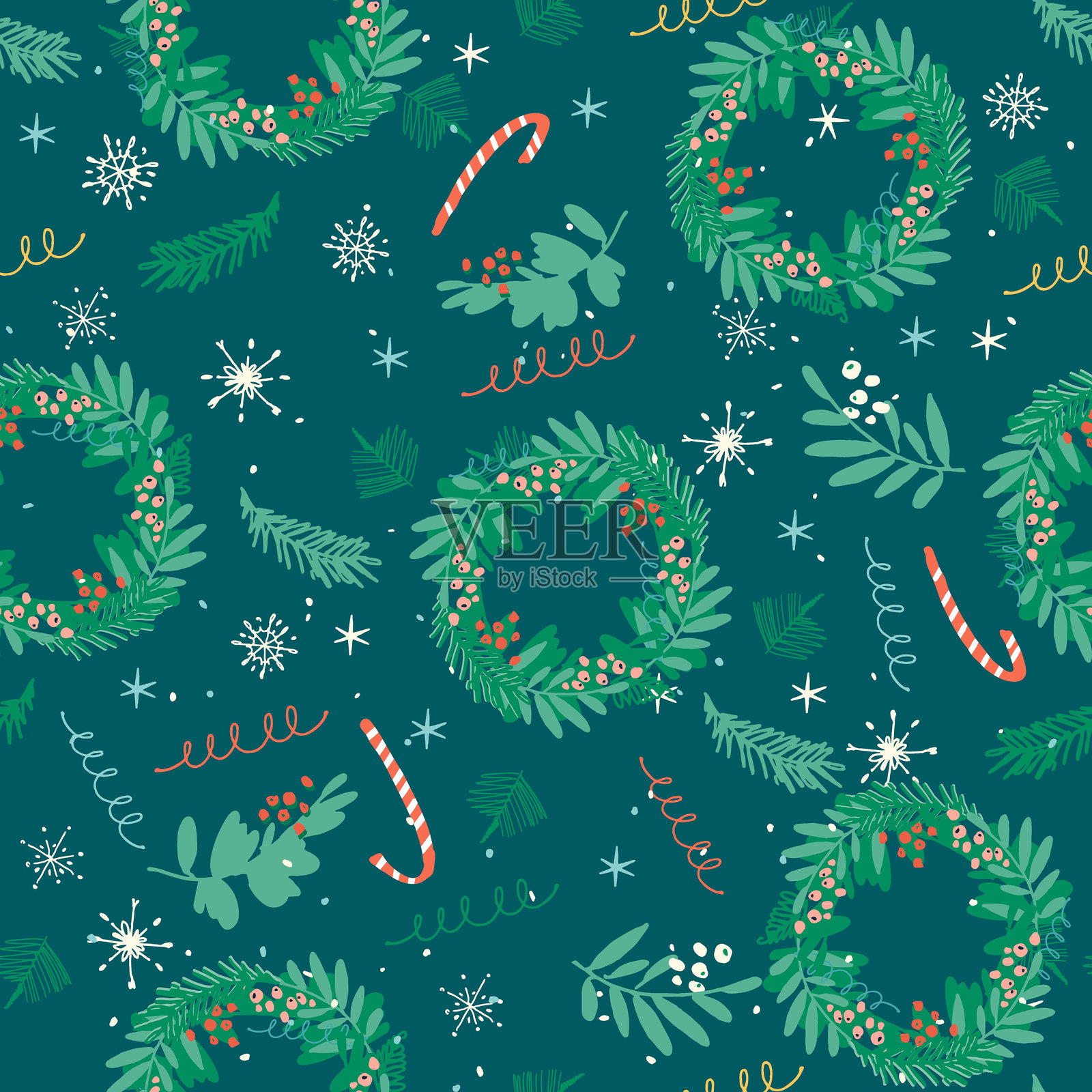 复古的圣诞快乐无缝图案，手绘的一品红花插画图片素材