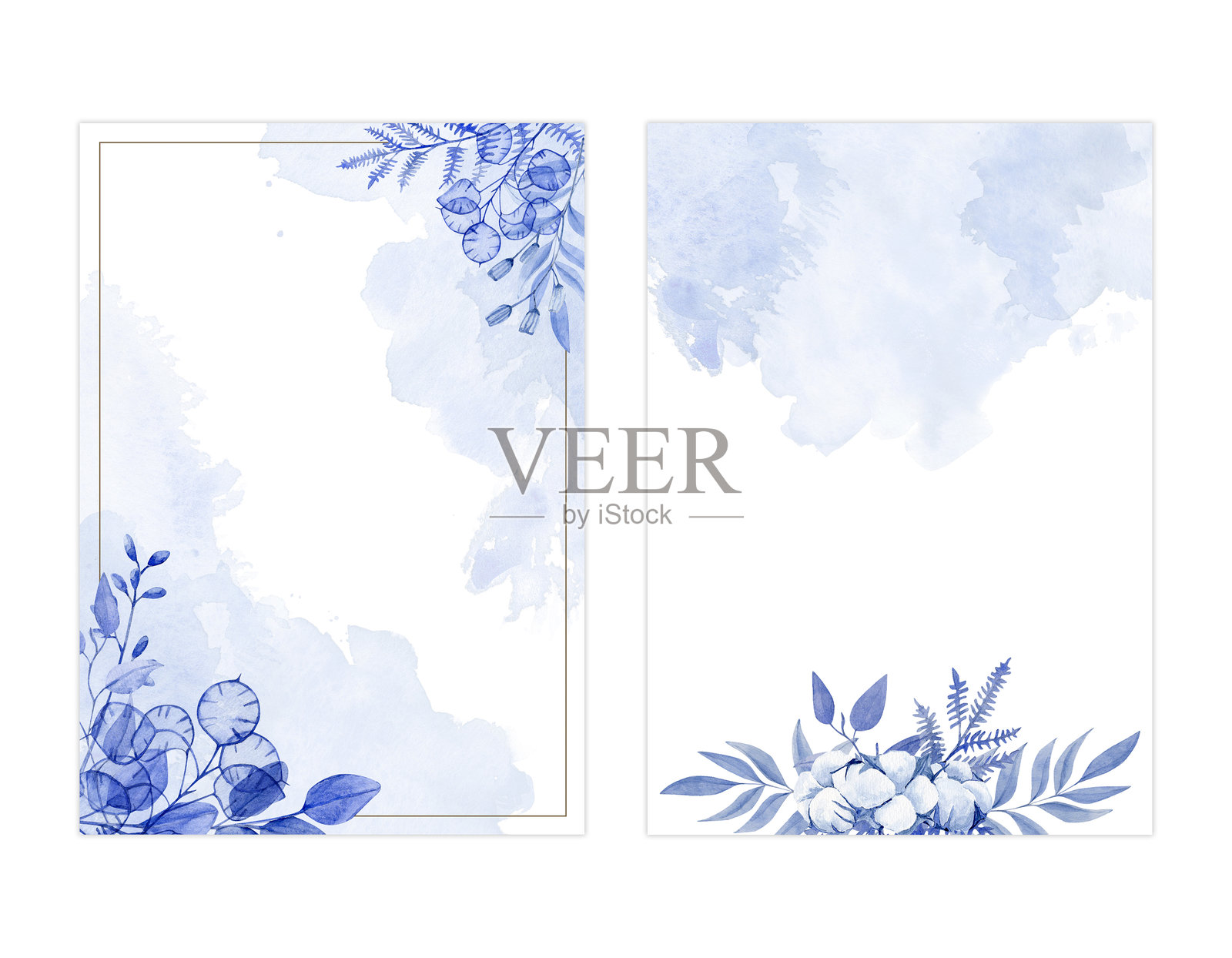 两幅水彩蓝色框架，配有桉树枝、浆果枝、银莲花、飞溅和棉花。插画图片素材