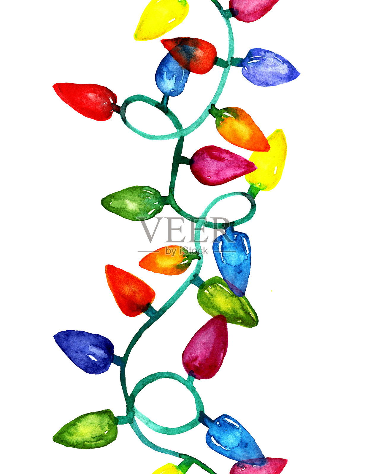 水彩画的花环，带有红色、黄色、绿色和蓝色的灯泡。闪亮灯饰的无缝胶带插图。冬季和新年节日装饰。插画图片素材