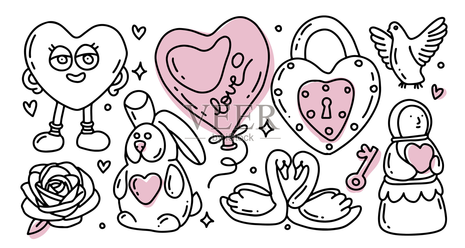 情人节手绘涂鸦元素套装。情人节可爱的节日剪贴画。线条艺术设计包含不同的心形、礼物、天鹅、鸽子、玫瑰和兔子。轮廓矢量手绘插图。插画图片素材