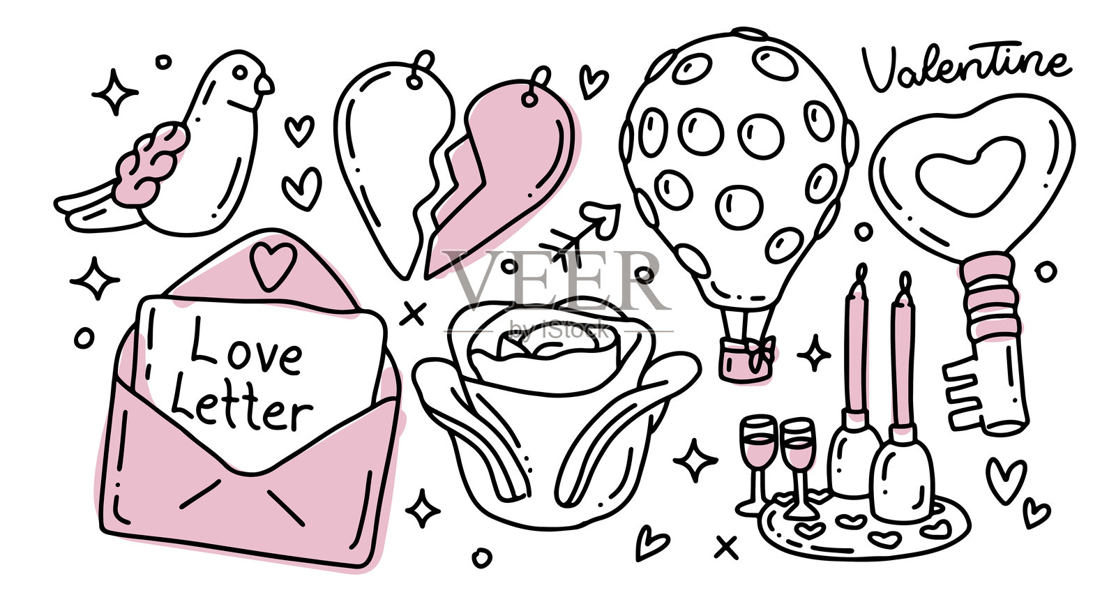 可爱的手绘浪漫涂鸦剪贴画，不完美的情人节元素套装。线性矢量插图 - 情书、鸽子、热气球、浪漫晚餐插画图片素材
