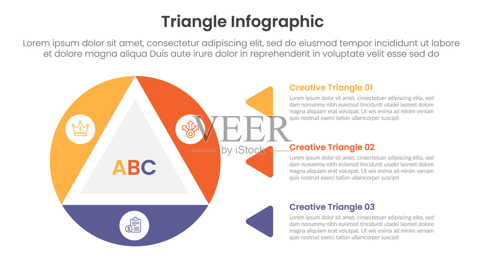 三角形基础形状信息图模板横幅，带有锐角三角形和圆形，适用于幻灯片演示的三个要点插画图片素材
