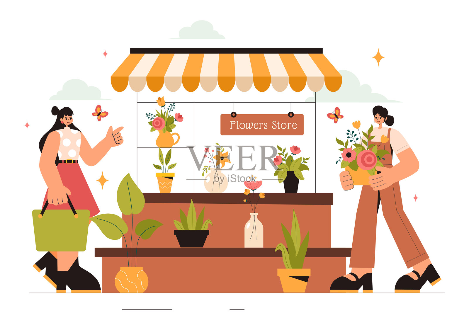 专业花店花艺师工作矢量插图，展示花店制作美丽礼品花束和花卉交易，背景为扁平风格。插画图片素材