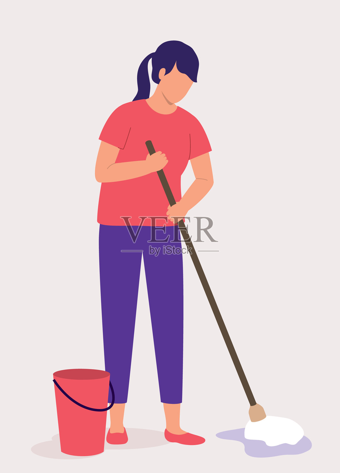 年轻女性用拖把擦拭湿地板。家务工作。家庭清洁。擦拭。插画图片素材