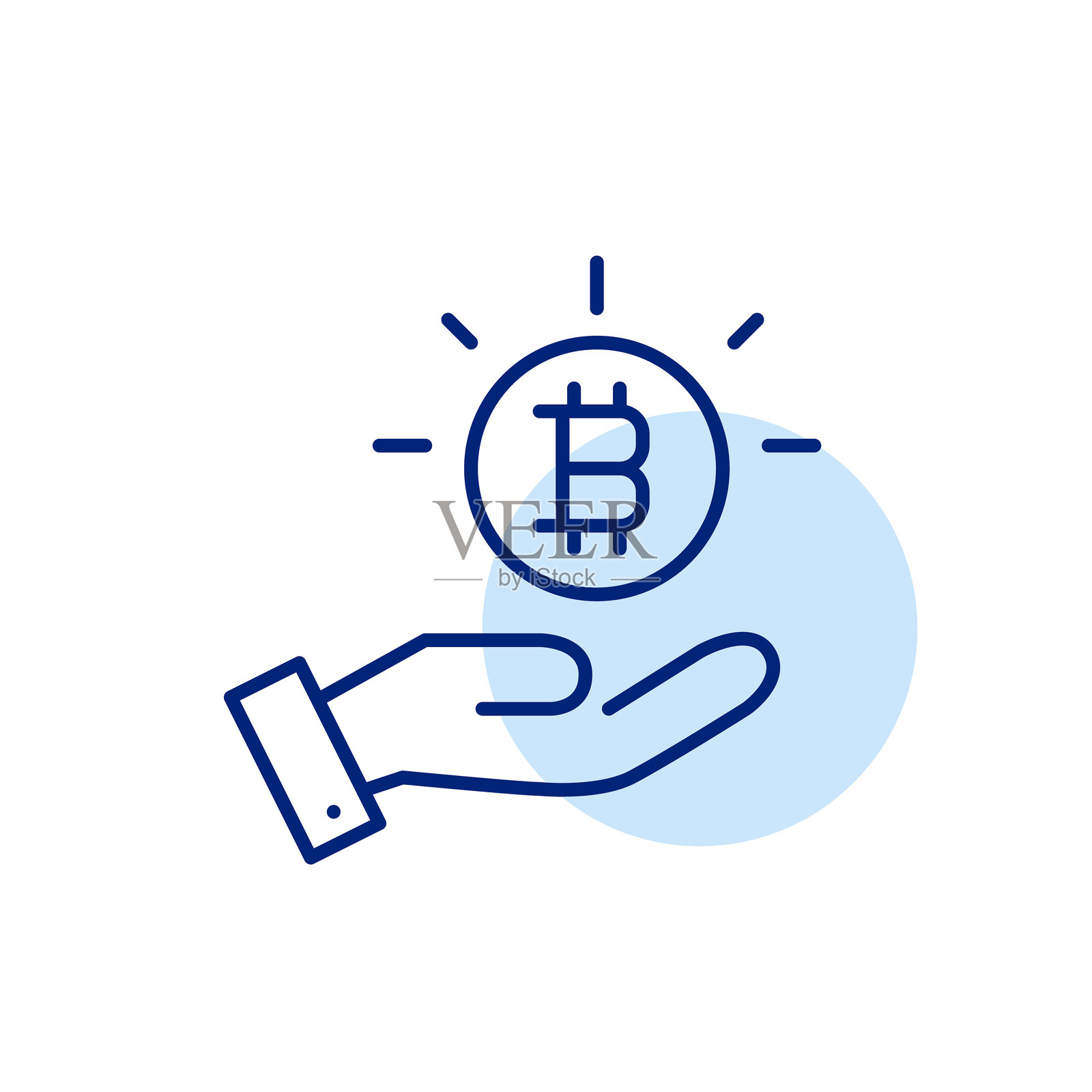 手握闪闪发光的硬币，上面有比特币符号。在线支付与安全财务。像素完美，可编辑的线条图标。插画图片素材