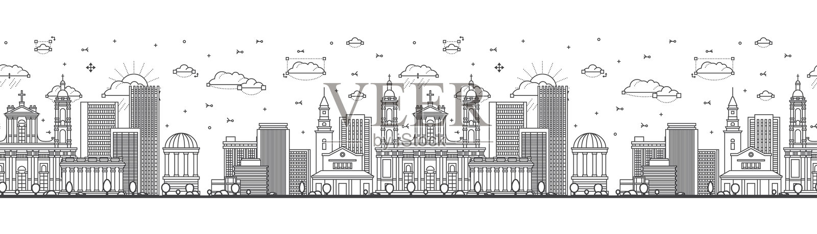 无缝图案，描绘了哥伦比亚波哥大城市天际线及历史建筑，背景为白色。波哥大城市风景与地标。插画图片素材