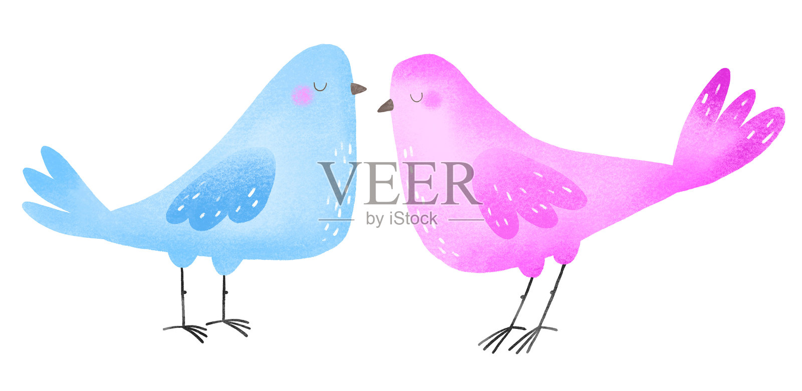 情人节。粉色和蓝色的小鸟。关系，情侣，爱人。手绘爱情图案。节日背景。插画图片素材