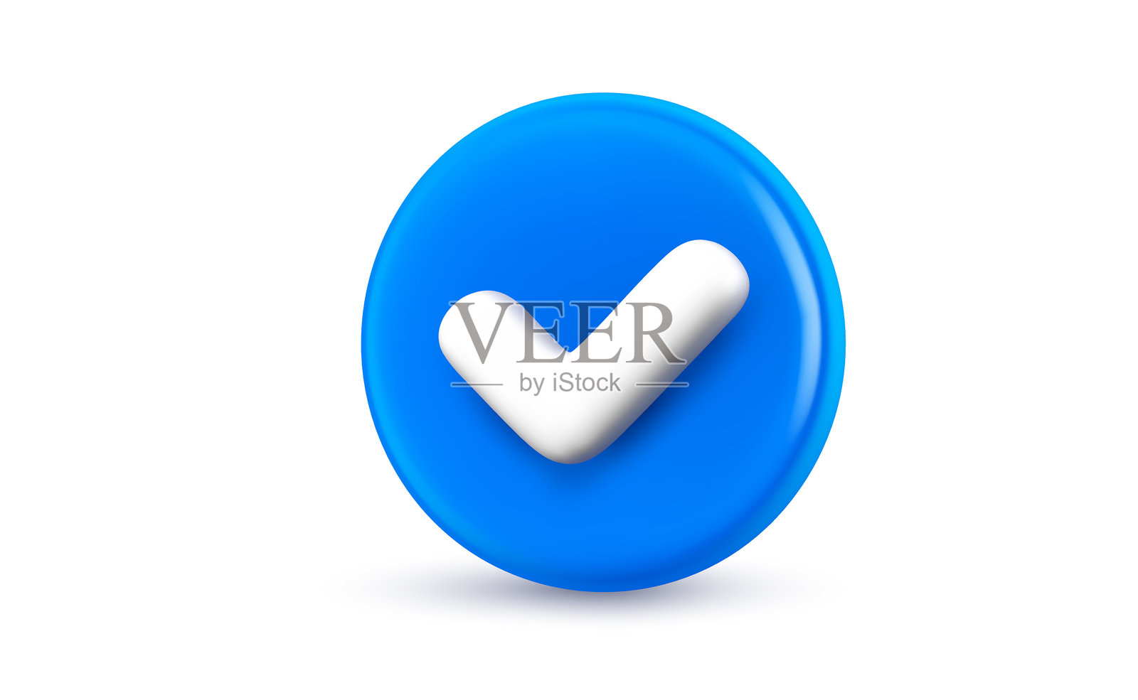 蓝色圆圈上带有勾号的矢量真实插图，背景为白色。3D卡通风格的清单勾选，完成的勾号。商业勾号图标。正确选择的象征。插画图片素材