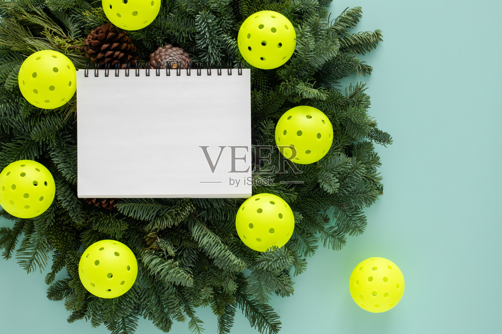 空白笔记本与圣诞腌黄瓜球花环照片摄影图片