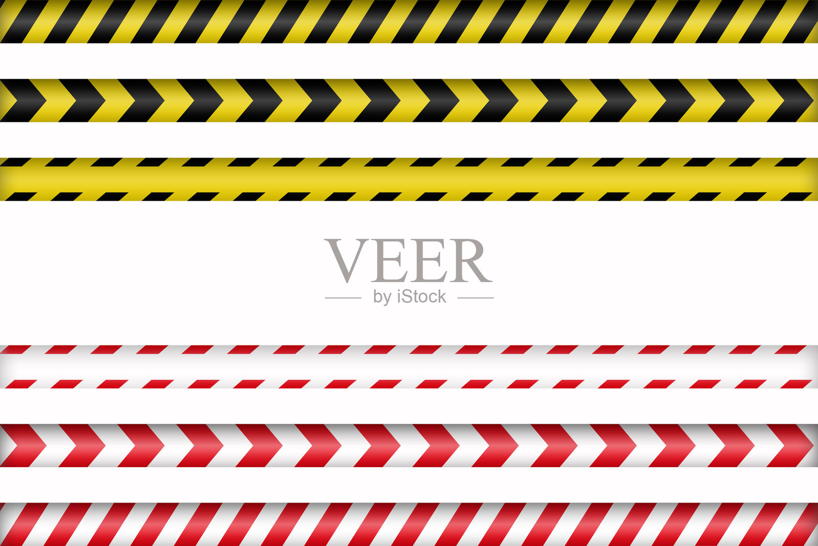 警告警示带。用于建筑、犯罪现场或危险区域的斜条纹黄黑和白红警示带。白色背景上的警告带。真实的矢量图。照片摄影图片