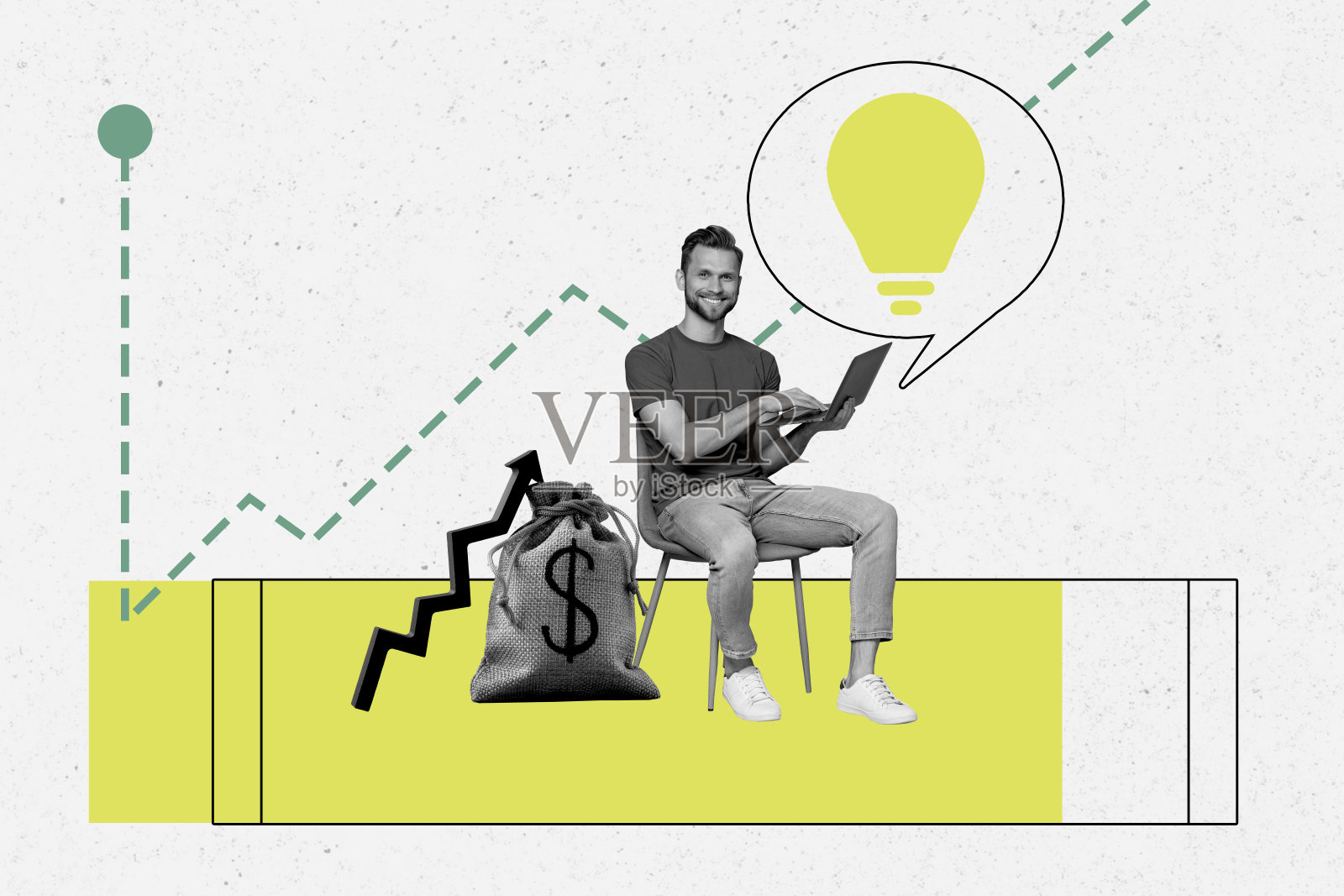 趋势艺术作品草图设计蒙太奇 3D 拼贴交易员商业图表创意灯泡演讲云年轻人坐在椅子上钱袋照片摄影图片