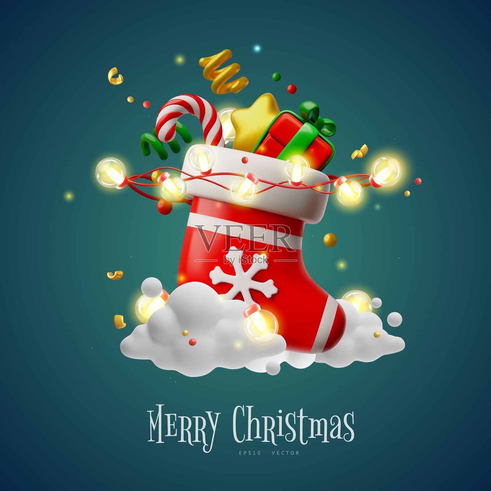 圣诞老人的袜子里装着礼物、棒棒糖、星星和发光的花环的3D海报插图。插画图片素材