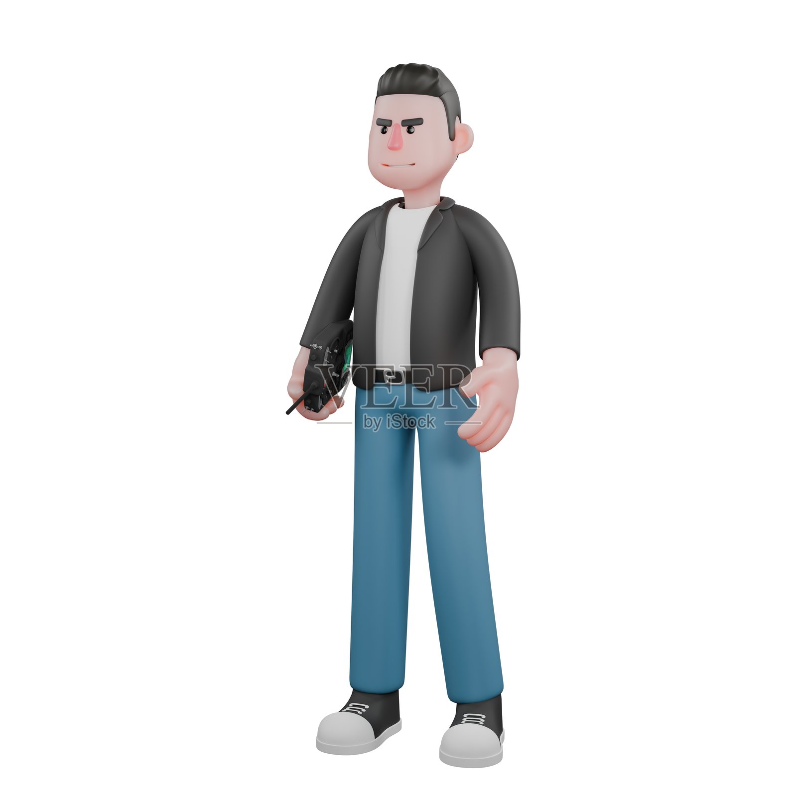 卡通摄影师角色艺术作品3D。一个男性摄影师右手握着无人机遥控器，左手放在腰间。插图模型照片摄影图片