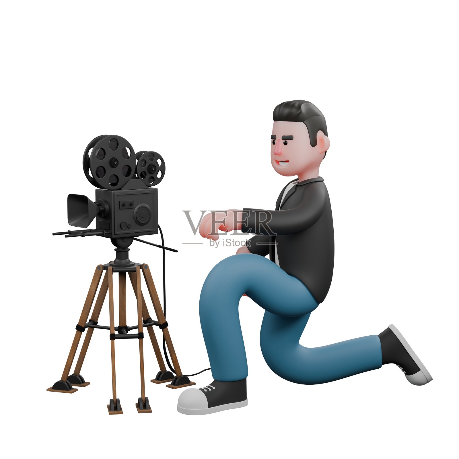 卡通摄影师3D艺术作品设计。一名摄影师跪在摄影机前。插图模型照片摄影图片