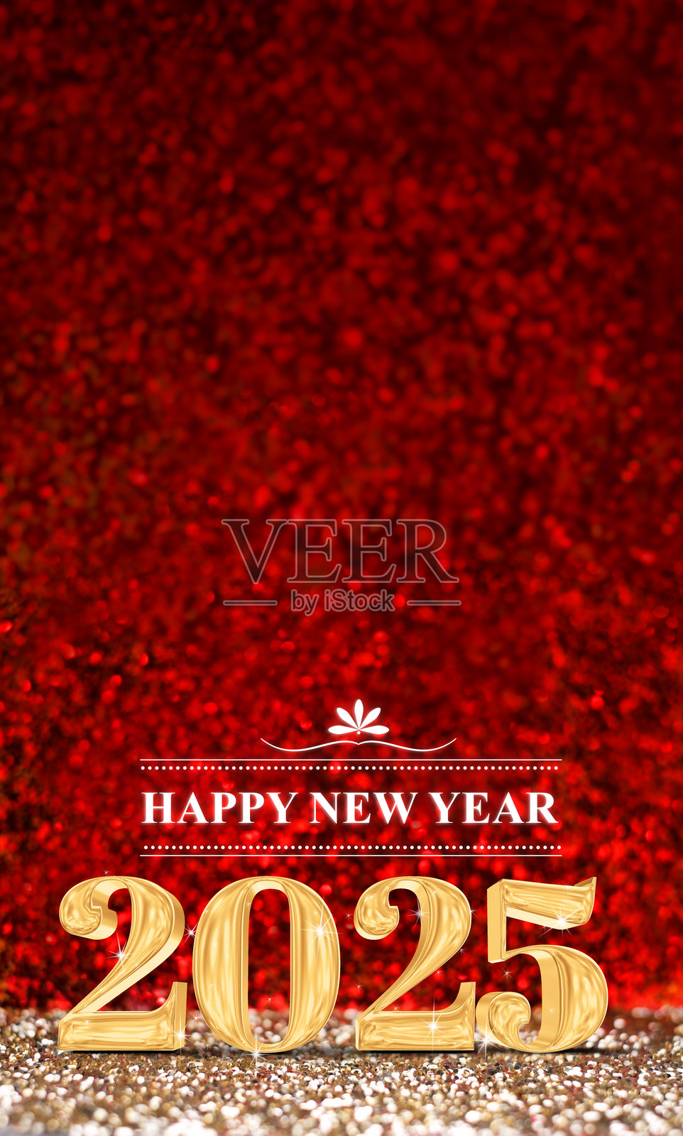 2025年新年快乐 3D渲染金色在红色闪光背景上照片摄影图片