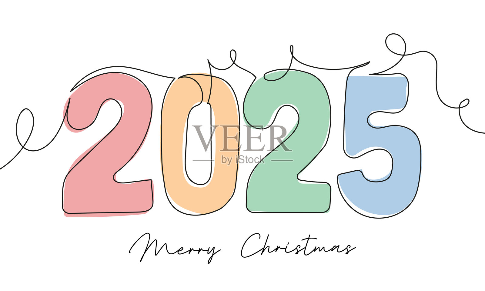 2025新年快乐。圣诞祝福的风格化线条艺术字母。明信片、横幅和创意设计的模板。插画图片素材