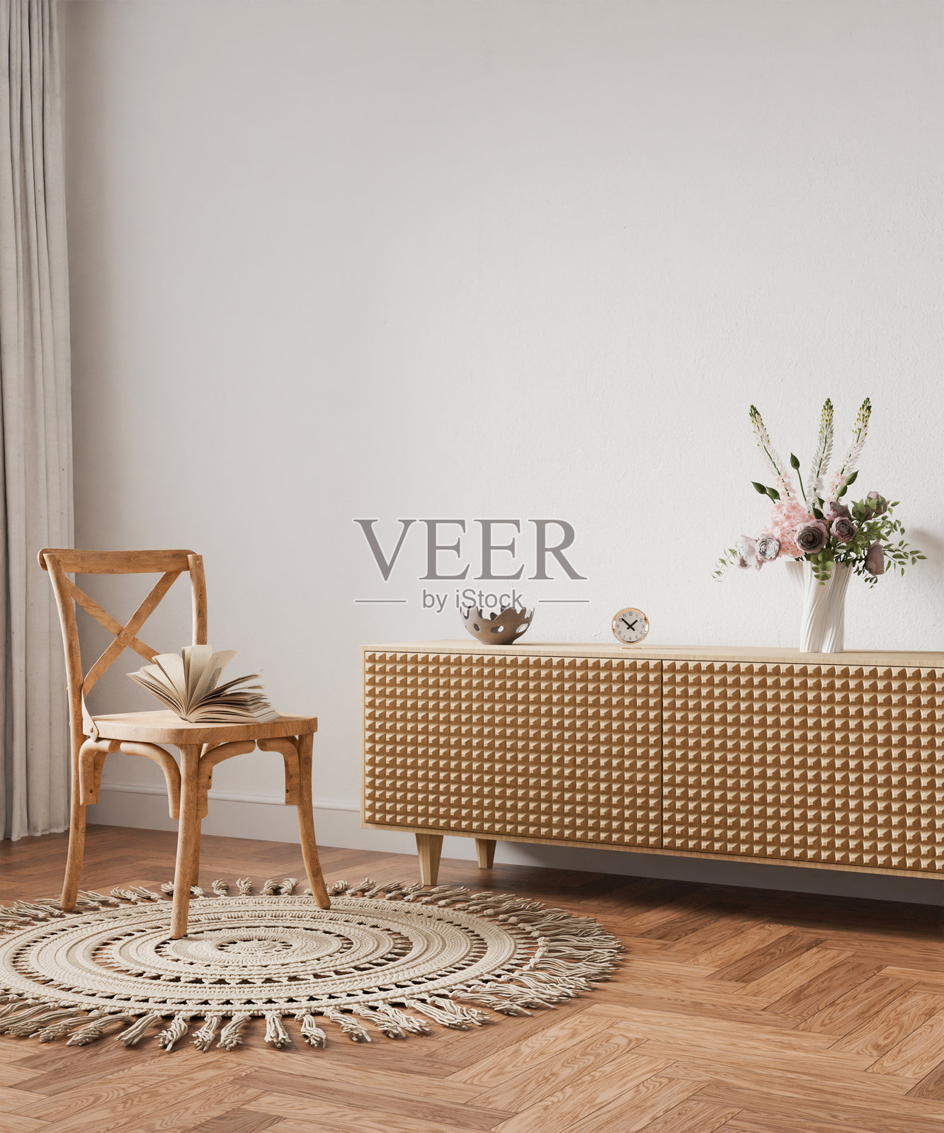 室内空白墙面展示背景，3D渲染的椅子和橱柜照片摄影图片