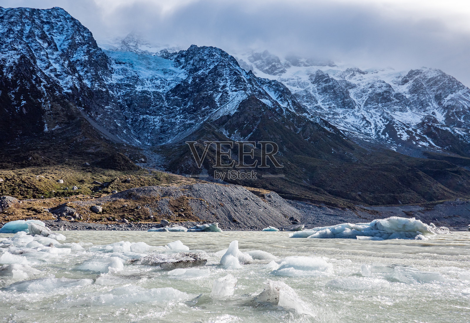 新西兰库克山国家公园，山湖镜面倒影，雪峰、冰川、冰山在水中。照片摄影图片