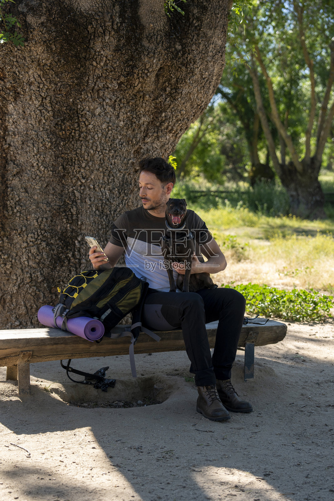 背包客抱着狗发送信息照片摄影图片