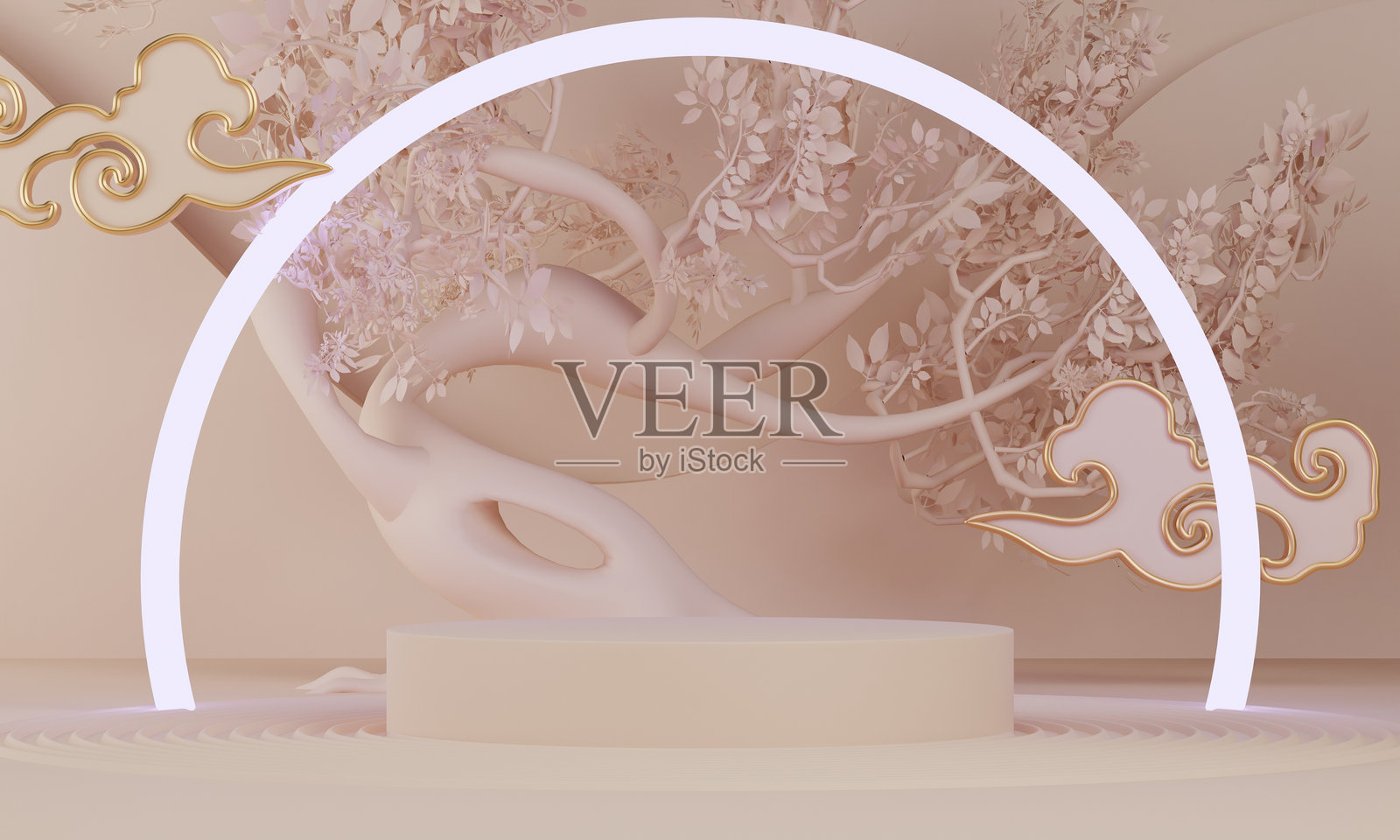 时尚产品背景和浅棕色讲台展示，配有空白背景。照片摄影图片