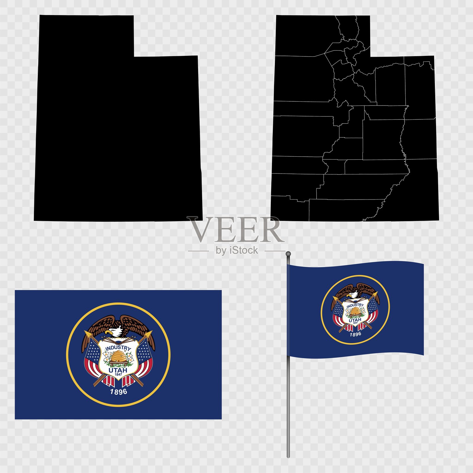 犹他州的地图和带有省份、国旗及旗杆的地图。矢量插图。插画图片素材