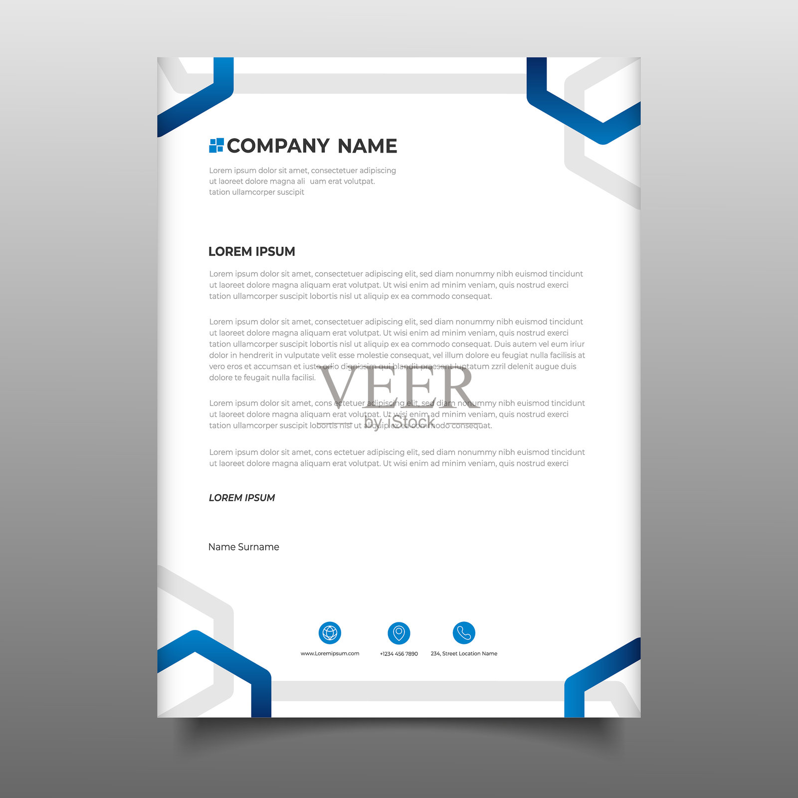 现代商务信头封面模板设计。A4信头企业公司带有蓝色多边形设计。插画图片素材