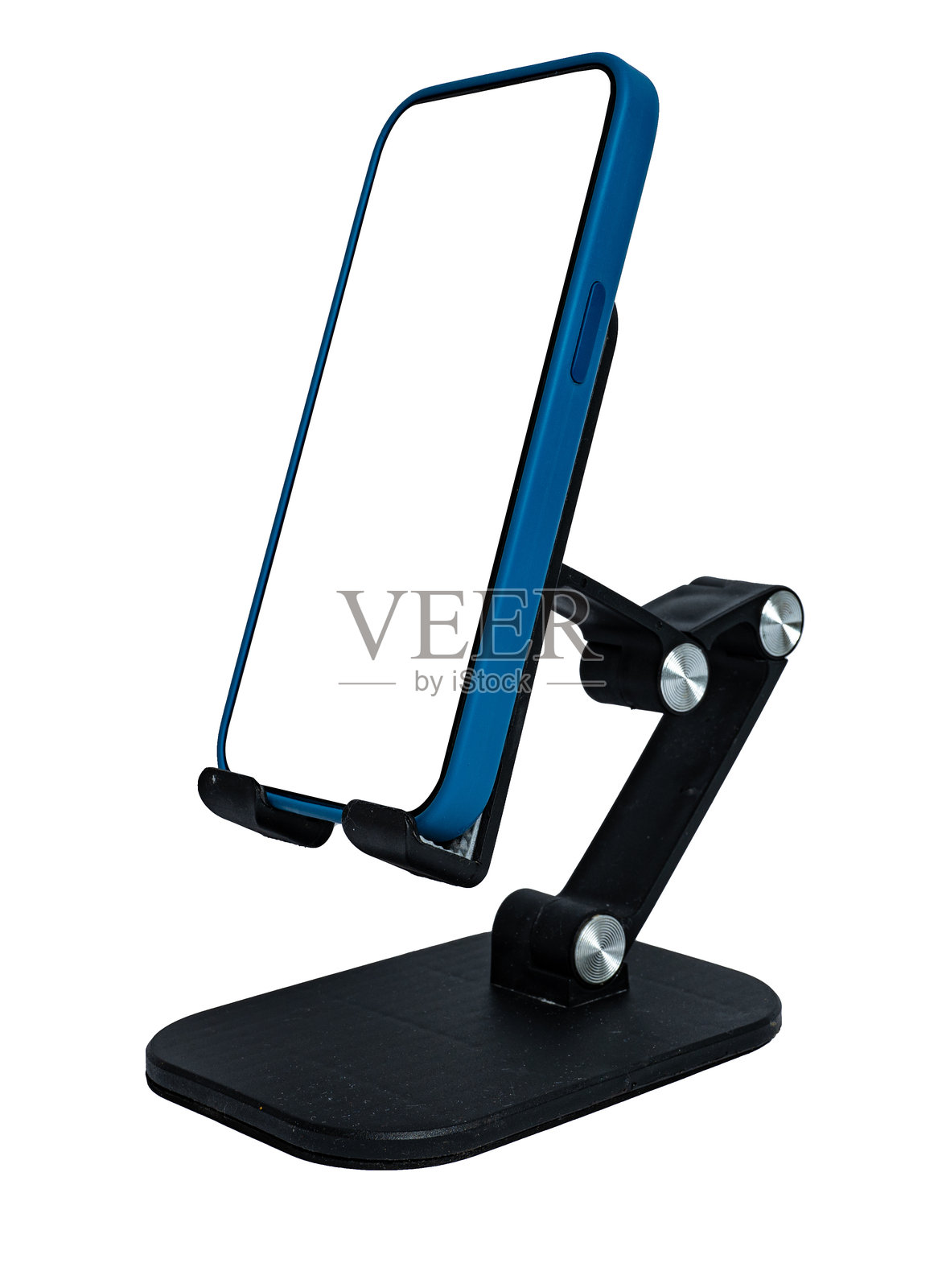 智能手机放在支架上，背景为白色，屏幕为白色剪切效果。照片摄影图片