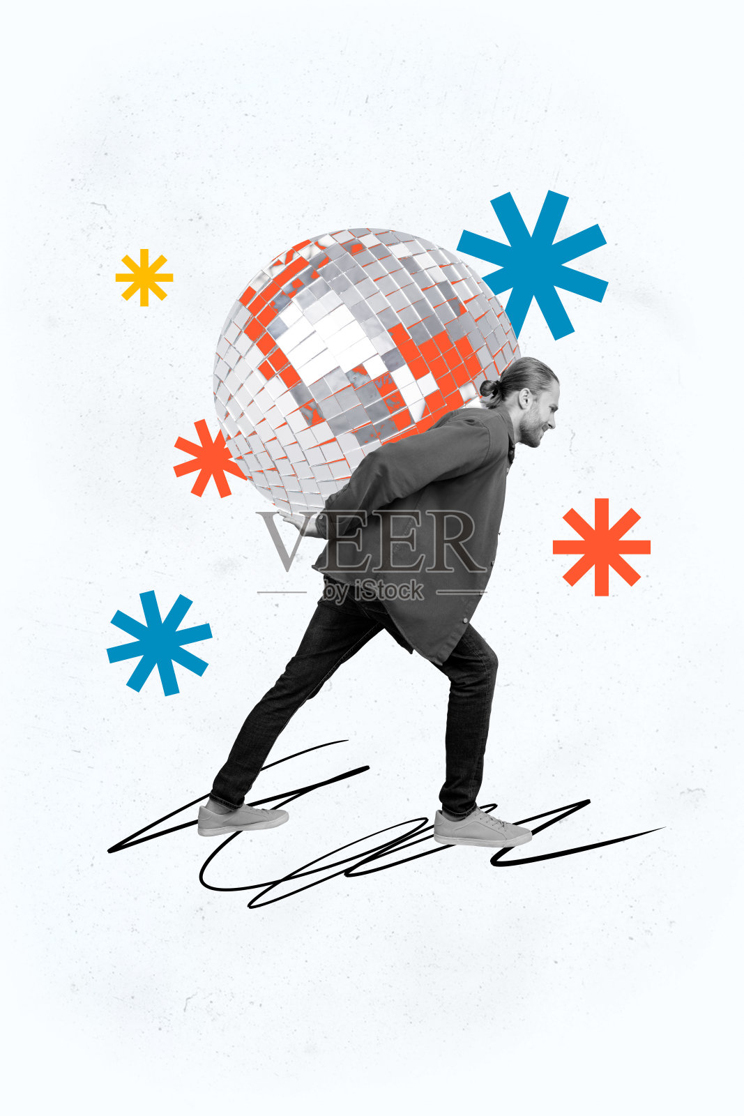 不满的男人手持迪斯科球的垂直照片拼贴，派对场合宿醉，闪亮多彩的背景。照片摄影图片