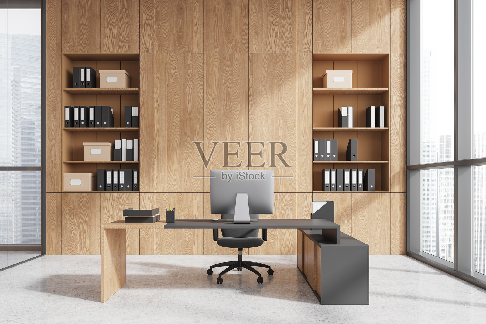 现代办公室室内，配有木质墙板和大窗户。3D渲染照片摄影图片