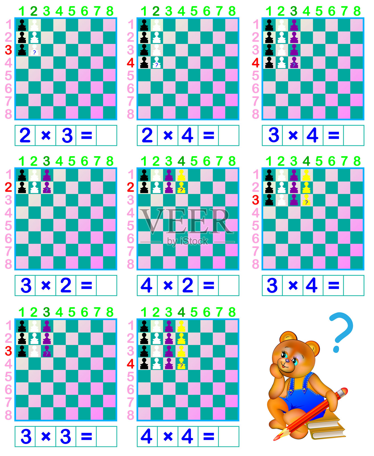 有趣的国际象棋。儿童学习乘法表的练习。培养计算技能。矢量图像。插画图片素材