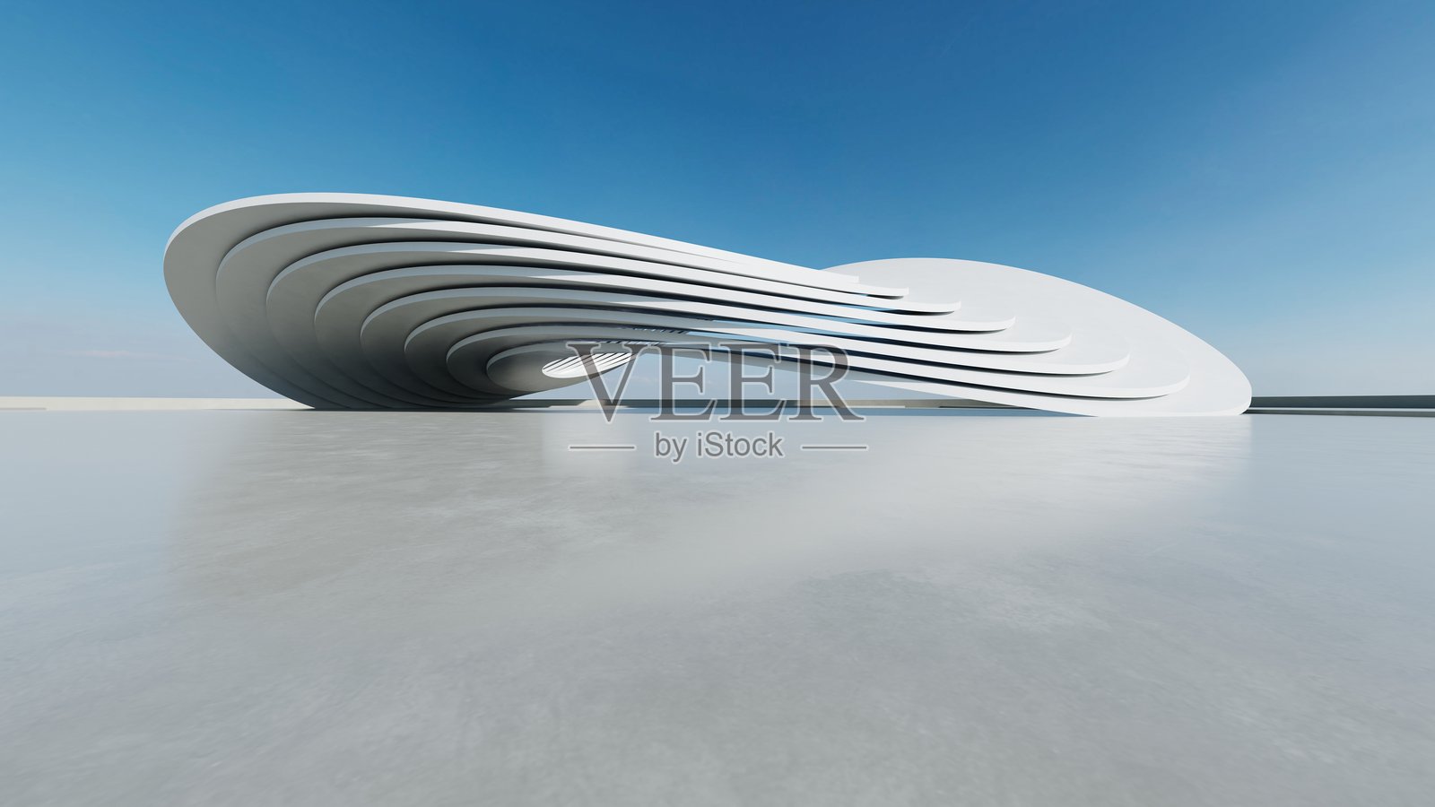 白色未来主义建筑的3D渲染，抽象结构与空旷的混凝土地面照片摄影图片