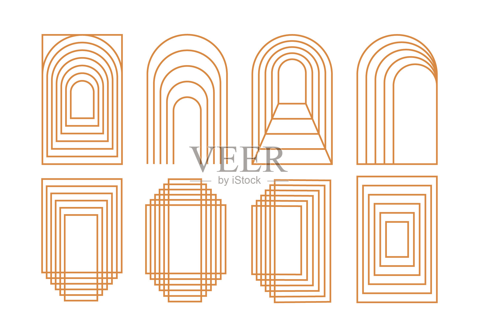 波西米亚风格的金色框架拱门，极简复古风格。美学线条波西米亚弧形。元素神秘几何抽象边框。插画图片素材
