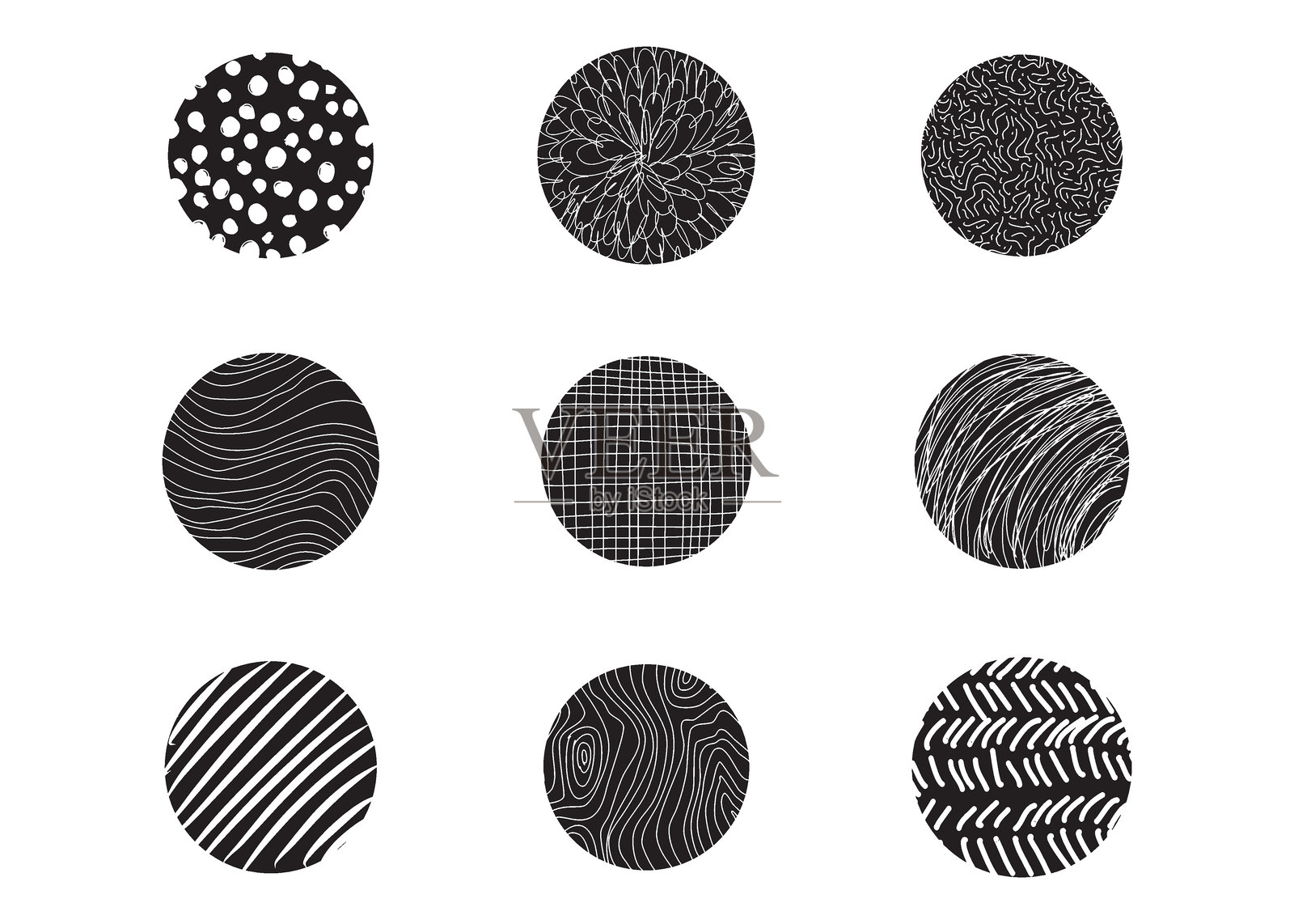 抽象圆形纹理背景。线条涂鸦、斑点、波浪、滴落、曲线图案插画图片素材