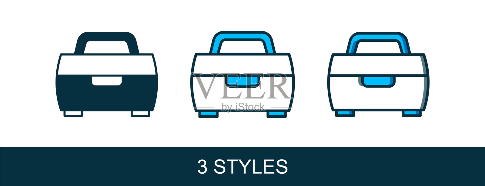 装满轮子和钓鱼装备的箱子或容器图标，背景为白色。钓鱼用具。矢量图。插画图片素材