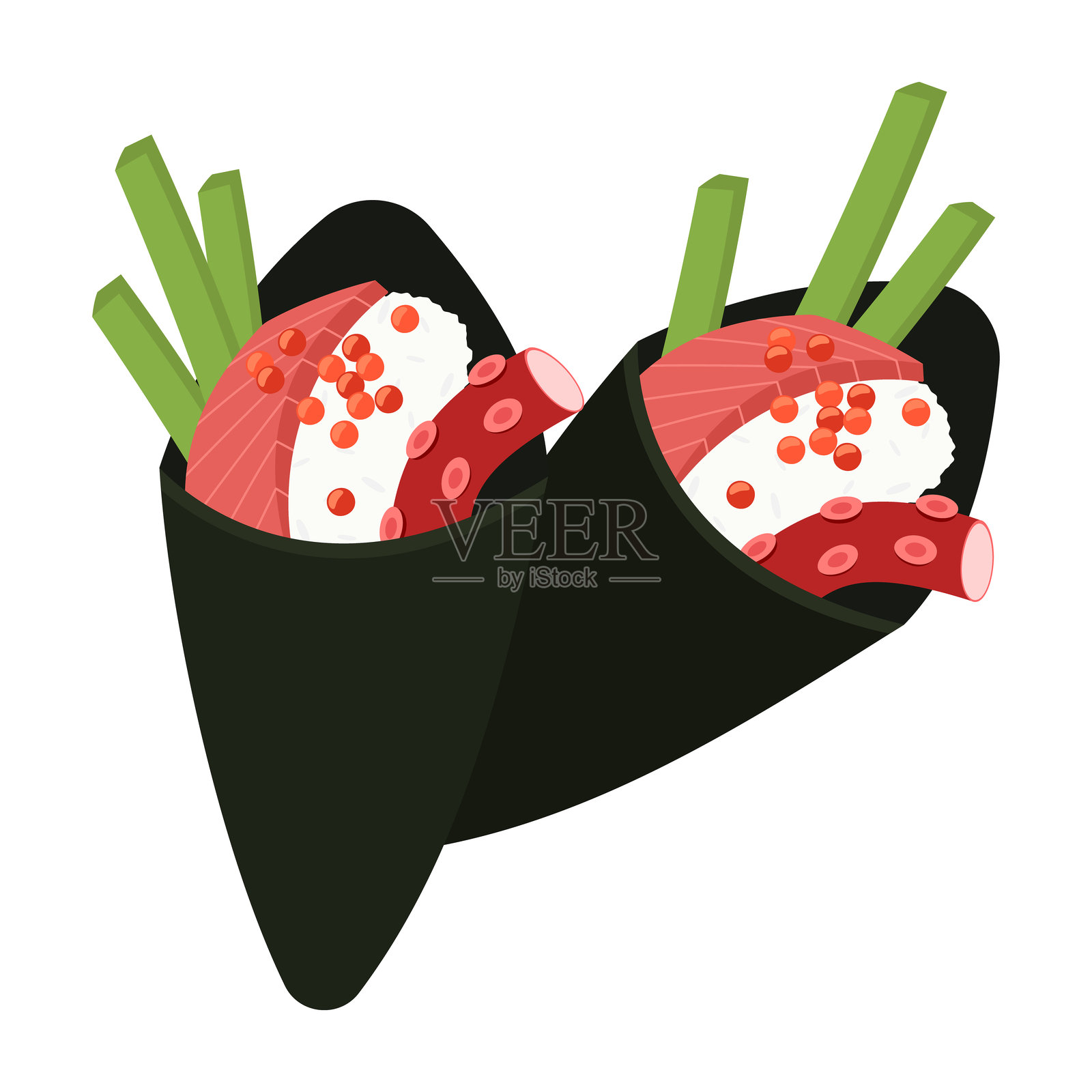 寿司和卷的图案。寿司无缝背景。飞鱼子卷，费城卷，饭团，虾握寿司，太卷，酒手卷，酱油碗，芥末。插画图片素材