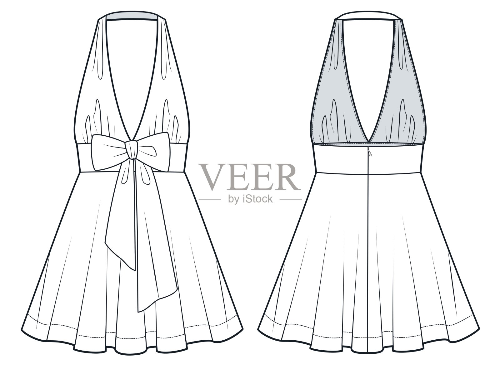 迷你裙技术时尚插图。圆裙连衣裙时尚平面技术图纸模板，开放式背部，拉链，正面和背面视图，白色，女性连衣裙CAD模型。插画图片素材